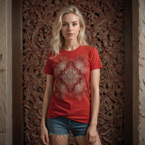 RAW photo, a candid full body portrait of a beautiful blonde woman wearing a (red shirt) printed with fractal art, 8k uhd, dslr, soft lighting, high quality, film grain, Fujifilm XT3