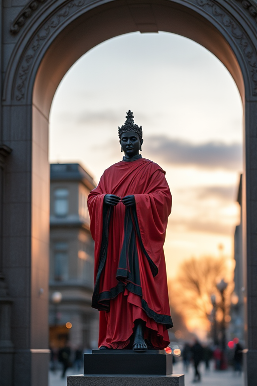 regenerate the image of a statue dressed in red and black robes, standing under an ornate archway at dusk, with a shallow depth of field, ISO 100, f/2.8, 1/60 sec, 50mm lens, shot with a full-frame DSLR camera, in a city setting with a soft bokeh background for enhanced quality