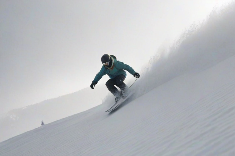 Blurry action shot of a snowboarder carving down a powdery slope, snow flying up around them, distant mountains barely visible through the fog, and the adrenaline of the descent.