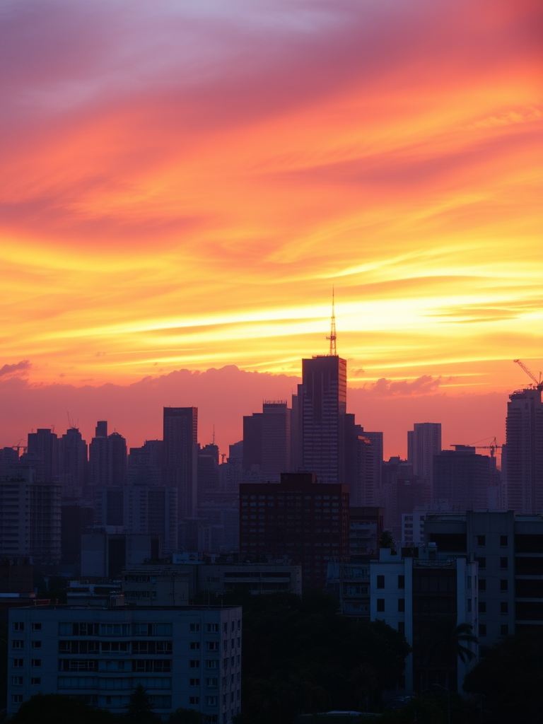 sunset over a city skyline with modern buildings, vibrant orange and purple sky, captured during golden hour with a Canon EOS R5, 24mm lens, f/8, ISO 100, 1/60s, wide angle view, high dynamic range for enhanced colors and details