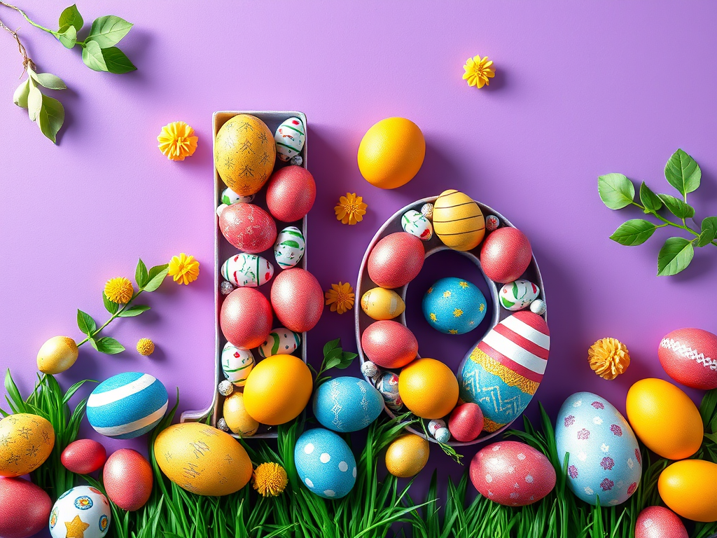Create a colorful and vibrant 3D letter "L" design with a purple background adorned with various Easter eggs of different colors and patterns, use a Canon EOS R5, 50mm lens, f/1.8 aperture, ISO 100, 1/200 shutter speed, softbox lighting to enhance the vividness and clarity of the image.