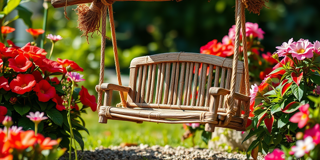 Create a vivid image of a decorative swing made of natural materials, surrounded by vibrant flowers and leaves, in a serene garden setting, captured with a DSLR camera at f/2.8 aperture, ISO 100, 1/60s shutter speed, using a macro lens, with a soft focus background and bright natural lighting.