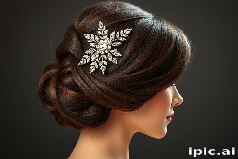 Sophisticated French twist in rich espresso brown, adorned with a jeweled hair comb and sleek side-swept bangs, radiating refined grace and poise