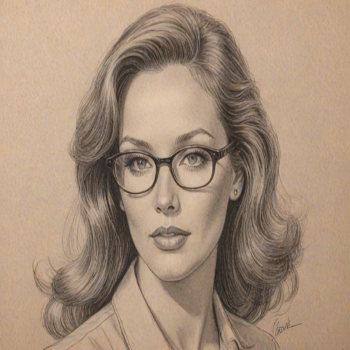 Charming Tanya Roberts, pencil sketch, portrait of Sublime woman 1940s in glasses, hair style beatnik, outline, clear lines, fine lines, 8k