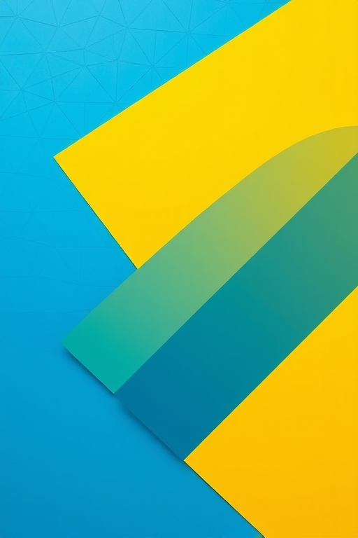 Create a vibrant abstract composition featuring overlapping geometric shapes in shades of blue and yellow, using a Canon EOS R5 camera with a 50mm f/1.8 lens, aperture set to f/4, ISO 100, and a top-down view for a clean, sharp focus on the details and colors.