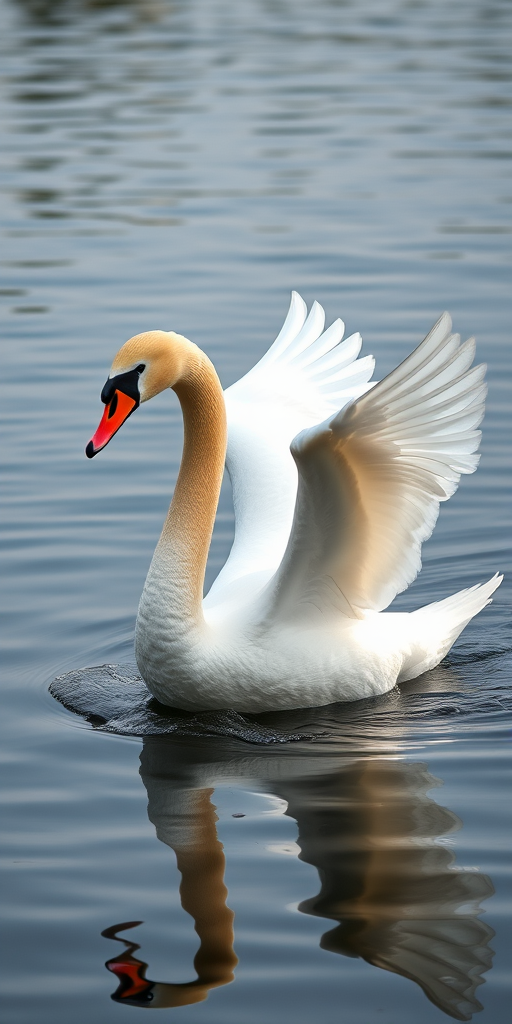 Capture a elegant swan flapping its wings on a serene lake, using a Canon EOS R5 with a 70-200mm f/2.8 lens, set at ISO 100, aperture f/4, shutter speed 1/500s, in natural lighting with a shallow depth of field for a soft background.
