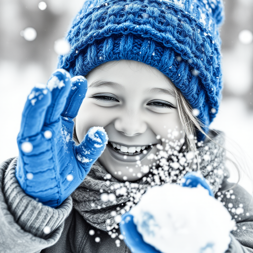 A hyperdetailed photorealistic macro image black and white pencil sketch of a young girl getting hit by a snowball during a snowball fight. She is wearing a brilliant sapphire blue wool beanie and bright blue mittens. She is trying to block the snowball by putting her hands up. The snowball hits her beanie and disintegrates into myriad tiny snowflakes caught with high speed photography. The girl is laughing and having a wonderful time.