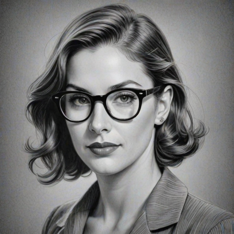 Ravishing Sandy Bullock, pencil sketch, portrait of Lovely woman 1934s in glasses, hair style beatnik, outline, clear lines, fine lines, 8k