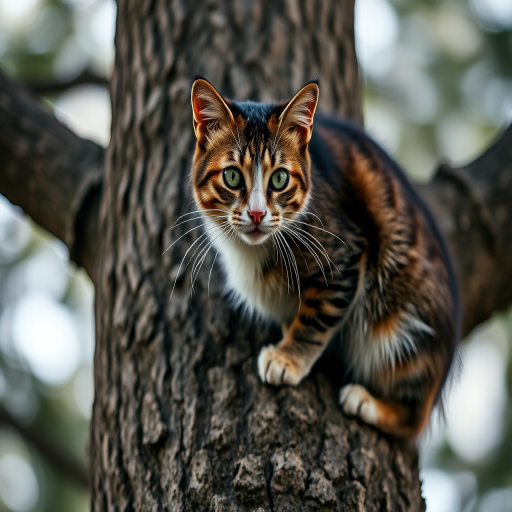 Regenerate the image of a cat perched on a tree trunk, with a shallow depth of field, using a DSLR camera with a 50mm lens, aperture set to f/1.8, ISO 200, and a 1/250s shutter speed for enhanced clarity and focus.