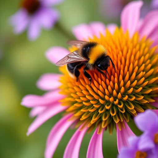 Close-up of a bumblebee on a vibrant coneflower surrounded by soft-focus purple flowers, 100mm macro lens, aperture f/2.8, shutter speed 1/200s, ISO 200, natural light, shallow depth of field.