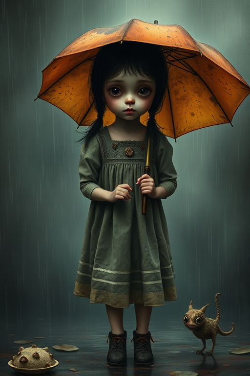 An eerie, weird little girl with dark hair in thin pigtails, wearing a smock dress, standing in the rain, holding a dirty orange umbrella, a small, odd creature beside her. In a surreal style inspired by Nicoletta Ceccoli and Brian Froud. Dark fantasy themes