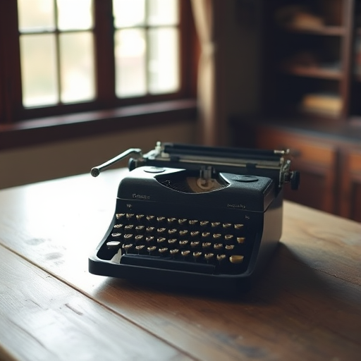 vintage typewriter on a wooden table with soft natural light from a window, shallow depth of field, 50mm lens, f/2.8 aperture, ISO 200, captured with a DSLR camera, moody and nostalgic atmosphere