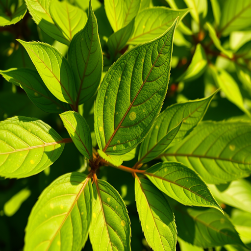 please regenerate an image of vibrant green leaves with yellow spots in bright natural light using a DSLR camera at f/4 aperture, 1/200 shutter speed, ISO 100, with a macro lens and a shallow depth of field for enhanced detail and clarity
