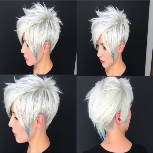 Striking platinum blonde hair is the canvas for the edgy "Urban Frost" style. The short, asymmetrical cut features a closely cropped side and back, with longer layers on top styled into textured, piece-y spikes. Icy blue tips add a cool, modern twist to this bold and daring look.