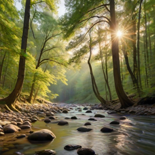 Create an image of a serene, sunlit forest scene with a clear, gently flowing river. Tall trees with lush green foliage line both sides of the river, their leaves bathed in the warm golden light of the setting or rising sun. The sunlight filters through the trees, casting soft, dappled light on the river, which flows over smooth rocks and pebbles, creating a peaceful, natural atmosphere. The sky is bright with a few scattered clouds, and the overall mood is tranquil, evoking a deep sense of connection with nature. The image captures the beauty of a calm, pristine forest landscape at either dawn or dusk.