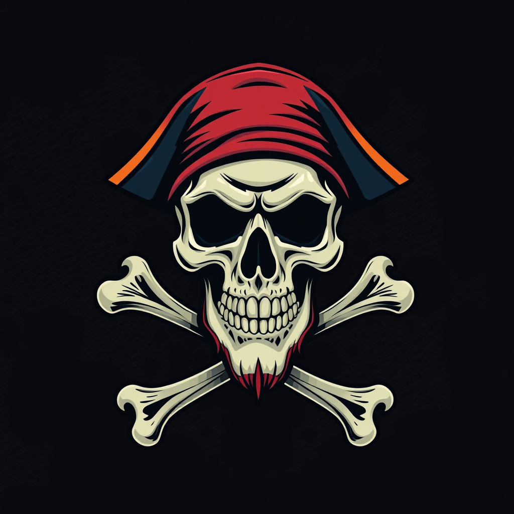 Create a high-resolution digital illustration of a stylized pirate skull and crossbones, using a Canon EOS R camera with a 50mm lens at f/1.8, ISO 100, set against a dark textured background for contrast, capturing vibrant colors and sharp details.