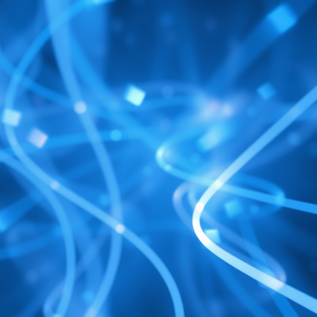 Create a vibrant abstract image of swirling blue lights and beams with a soft glow, using a Canon EOS R5 camera, 50mm lens, aperture f/1.8, ISO 100, shutter speed 1/200s, in a wide-angle view, with a focus on depth and clarity.