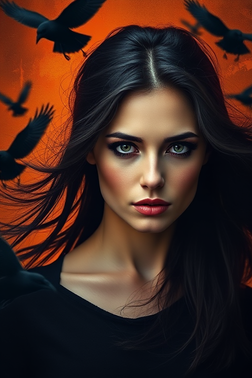 Create a moody portrait of a woman with flowing dark hair and striking features, set against a fiery orange and black abstract background, with crows in flight around her, captured with a DSLR camera, 50mm lens, f/1.8 aperture, ISO 200, using soft natural light for a dramatic effect.
