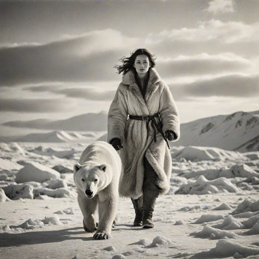 A very old photograph in black and white. The photo is badly damaged, faded, with scratches, tears, smudges and dirt. The photo is ultra-realistic and very detailed. It's a picture of an Arctic warrior. She is walking serenely towards the camera. At her side walks a majestic polar bear. Its fur shines in the sunlight. Snow, ice, sea. wind. snow in the air.
