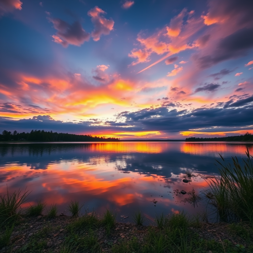 generate a high-resolution image of a serene sunset over a tranquil lake, using a wide-angle lens, f/11 aperture, ISO 100, capturing the vibrant colors of the sky reflected in the water, taken from a low vantage point with a DSLR camera
