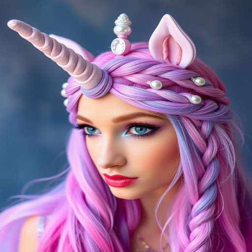 Mystical Unicorn Braided Crown displaying a mesmerizing blend of pastel pink purple and blue hues woven into an intricate braided crown adorned with shimmering pearl accents