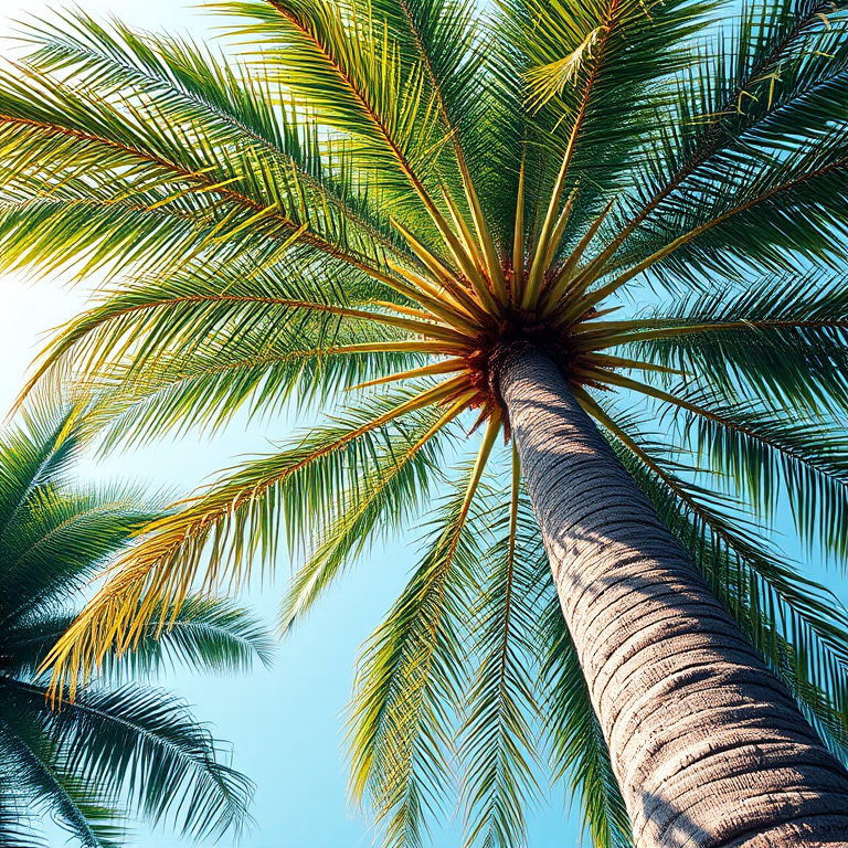Create a vibrant digital illustration of a tall, lush palm tree with detailed fronds and a textured trunk, shot with a DSLR camera at f/4, ISO 100, in portrait orientation, using a soft focus lens.
