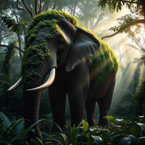 Regenerate an image of a giant elephant covered in lush greenery standing in a dense jungle, with sunlight filtering through the trees creating a mystical atmosphere, use a high-resolution DSLR camera, set ISO to 200, aperture at f/4, shutter speed 1/125s, with a wide-angle lens for an immersive view.