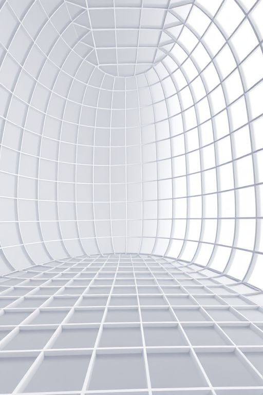 create a high-resolution image of a curved 3D grid structure with clean lines and a smooth gradient, shot with a Canon EOS R5 at f/8, 1/125 sec, ISO 100, using a wide-angle lens from a low angle to emphasize depth and perspective, ensuring bright, even lighting for a minimalistic and modern aesthetic