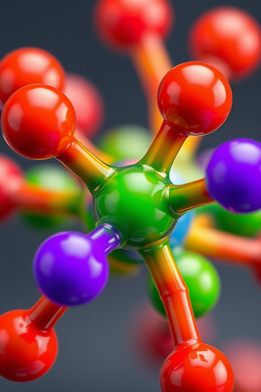 Generate a 3D molecular structure with glossy spheres in vibrant colors: red, orange, green, blue, and purple; use a Canon EOS 5D Mark IV, f/8 aperture, 1/250 sec shutter speed, ISO 100, with a macro lens, and set to a soft focus background for an enhanced image quality.