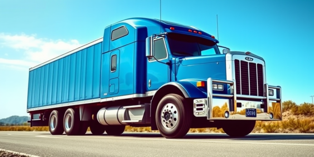 Create a high-quality image of a blue semi-truck in profile view, using a DSLR camera with a 50mm lens, aperture set to f/2.8, ISO 100, and shutter speed of 1/200s for clarity and detail.