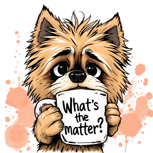 A quirky, artistic illustration of a disheveled aussiepom dog breed with exaggerated, large eyes and spiky fur, holding a coffee mug that reads "What's the matter?". The dog has a tired but humorous expression, with Salmon ink splatters