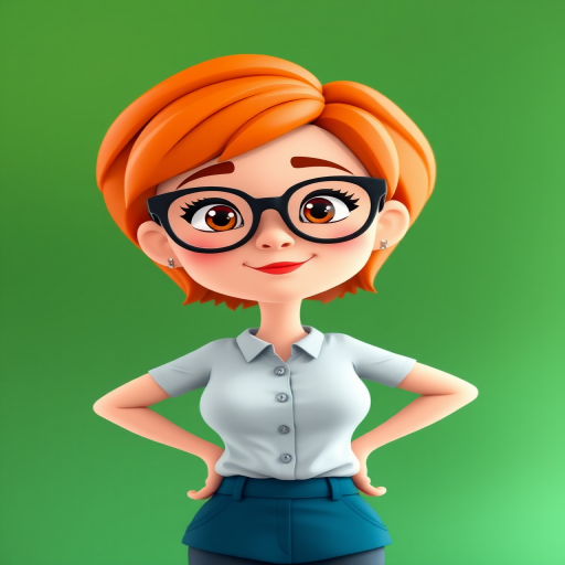Generate an image of a confident cartoon woman with short orange hair and glasses, standing with her hands on her hips, in front of a green background, using a 50mm lens, f/2.8 aperture, 1/125 shutter speed, natural lighting, and a front view perspective.