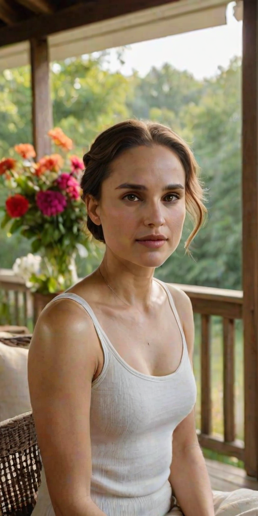 A photo of Natalie Portman with a background of a cozy porch. She has dark hair pulled back in an updo, with tendrils framing her face. She wears a white tank top and sits on the porch. The porch is part of a well-lit home with a warm, earthy tone and colorful flowers and foliage. The overall scene has a warm, welcoming, and comfortable ambiance.