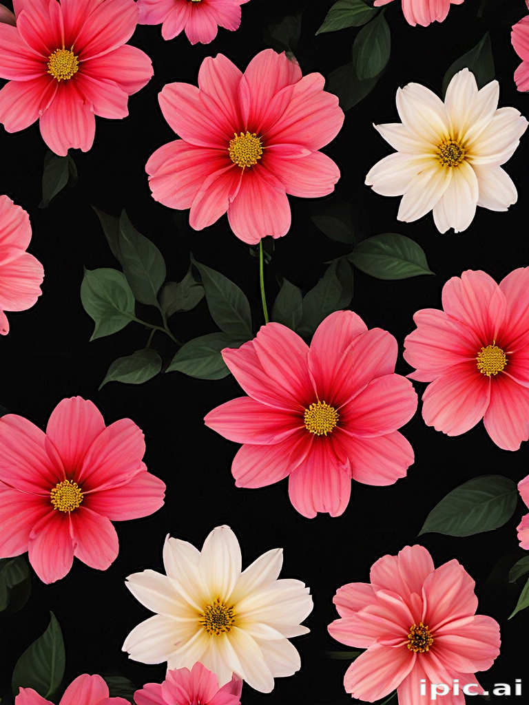 Vibrant Floral Pattern Featuring Pink and White Flowers on Dark Background