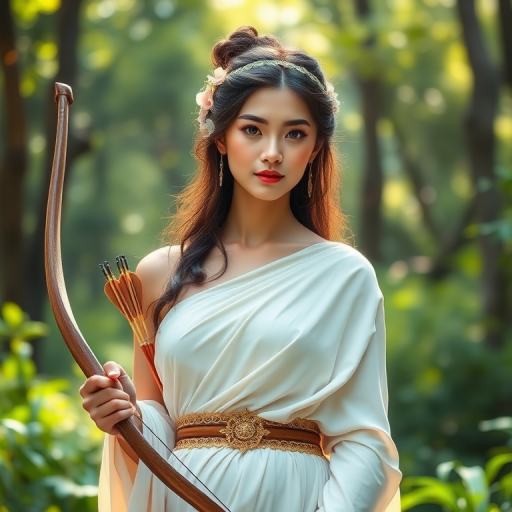 Create a portrait of a goddess-like Singaporean girl figure in a tranquil, forested environment. She has an elegant appearance with long, wavy hair styled in an updo and adorned with a delicate, floral headband. She wears a flowing, ancient Greek-inspired gown in a soft, pale color, featuring a one-shoulder design and draped fabric that accentuates her graceful form. The outfit includes a decorative belt with ornate gold detailing, and she holds a bow in her hand, with a quiver of arrows slung over her shoulder. The background depicts lush greenery, with sunlight filtering through the trees, casting a gentle, ethereal light on the scene. Her expression is calm and contemplative, embodying a sense of wisdom and serenity.
