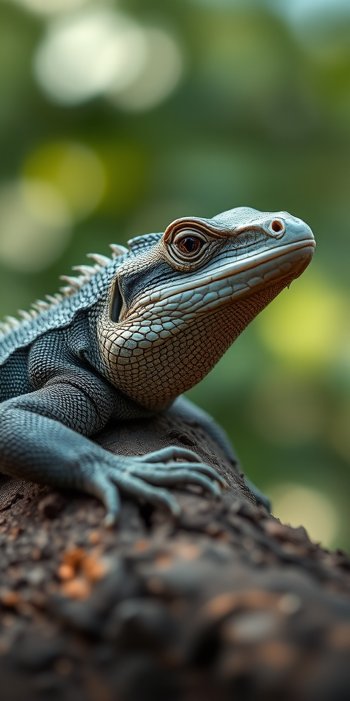 Close-up of a monitor lizard resting on a tree log, shallow depth of field, 85mm f/1.8 lens, ISO 200, 1/250s exposure, soft natural lighting, macro photography style, DSLR camera.