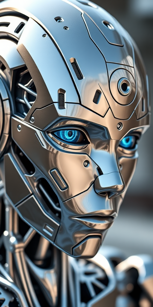 Create a hyper-realistic image of a futuristic humanoid robot with intricate metallic features and vibrant blue eyes, captured with a DSLR camera at f/1.8 aperture, ISO 100, 50mm lens in soft natural lighting to enhance details and reflections.