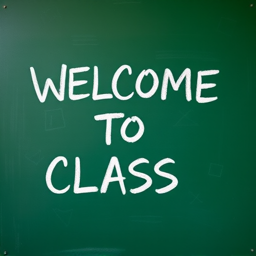 Create an image of a green chalkboard with the text "WELCOME TO CLASS" written in a friendly font, captured with a DSLR camera at f/4 aperture, ISO 200, 50mm lens, with a slight overhead angle for depth and clarity.