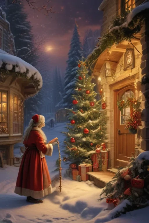 Enchanting Winter Scene with Santa Claus and a Festively Decorated Tree