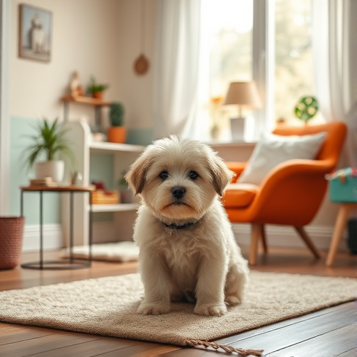 A cute fluffy dog sitting on a rug in a cozy room with pastel-colored walls, a comfortable orange armchair, a small table with toys, plants, and decorative items, soft natural light from a window, shot with a Canon EOS R6, 50mm lens, f/1.8 aperture, ISO 200, and a shallow depth of field for enhanced detail and brightness.