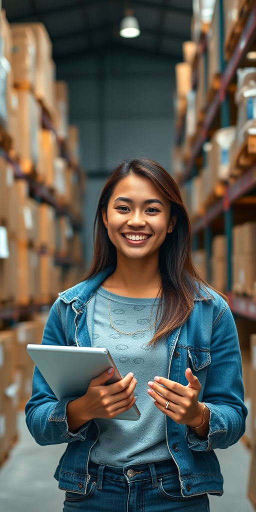 Create an image of a young woman smiling while holding a tablet in a warehouse, surrounded by stacked boxes and shelves filled with products, using a Canon EOS R5 with a 50mm f/1.2 lens at ISO 100, f/1.2 aperture, and a shutter speed of 1/200 sec in natural light for a warm, inviting atmosphere.