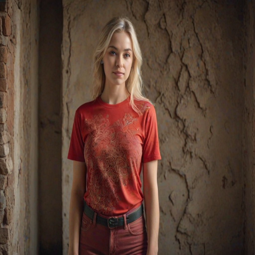 RAW photo, a candid full body portrait of a beautiful blonde woman wearing a (red shirt) printed with fractal art, 8k uhd, dslr, soft lighting, high quality, film grain, Fujifilm XT3
