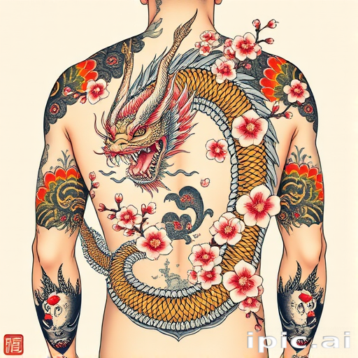 Elegant Japanese irezumi tattoo of a fierce dragon entwined with cherry blossoms, featuring bold colors and traditional motifs, flowing seamlessly across the entire back and arms