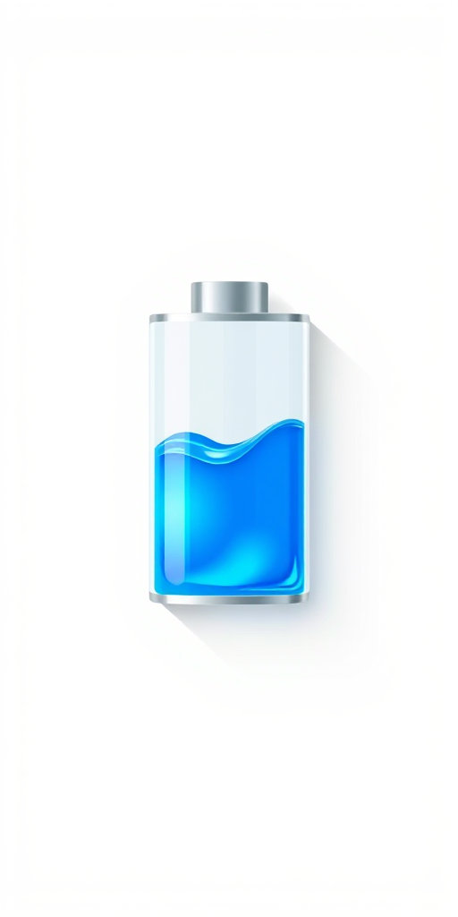 Create a high-resolution digital illustration of a battery icon filled with blue liquid, in a minimalistic style, using a 50mm lens, f/2.8 aperture, and 1/100s shutter speed for sharp details, with a soft-focus background to enhance the subject.