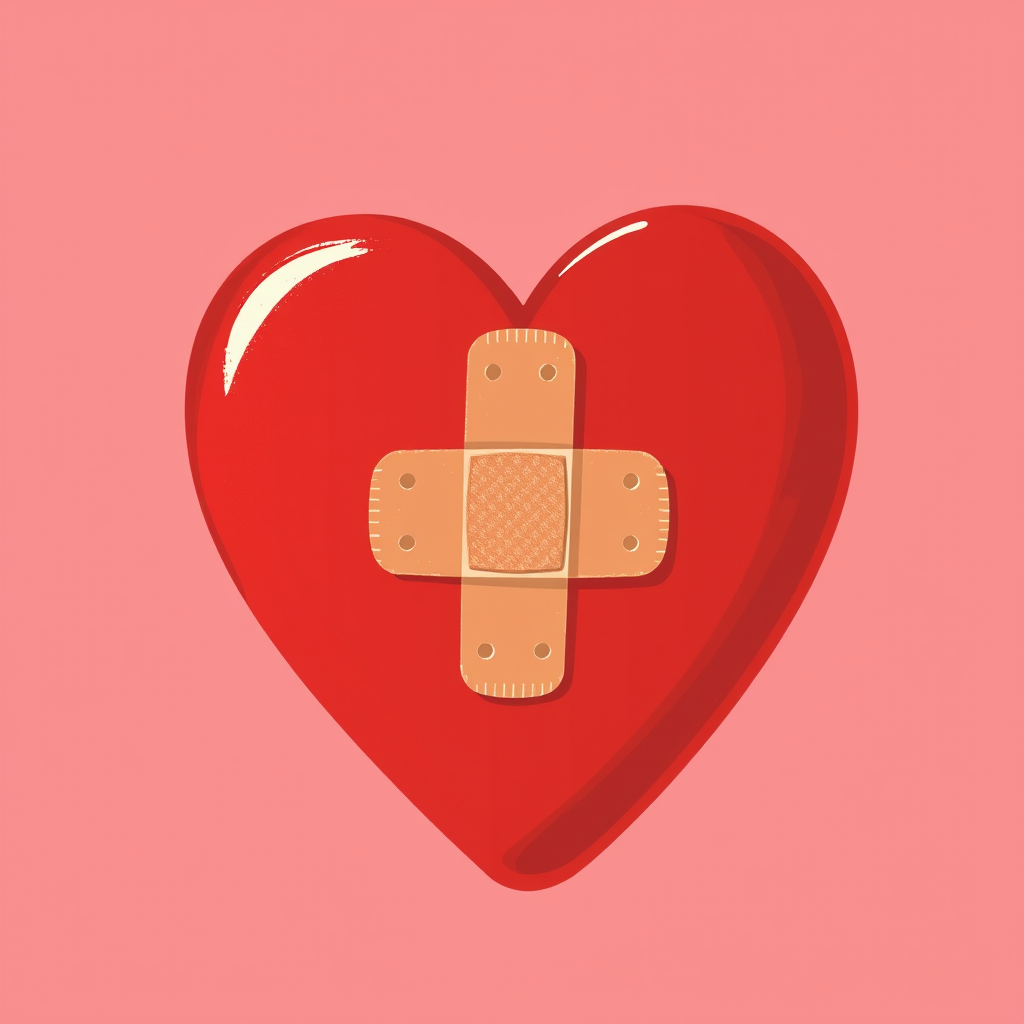 Create an illustration of a large red heart with a textured band-aid applied to it in the center, using a resolution of 300 DPI, with a view from above, in a flat design style, captured with a digital mirrorless camera at f/4, ISO 100, and a 50mm lens.