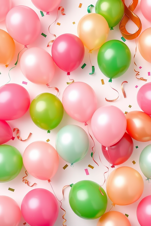Create a seamless pattern design featuring colorful balloons in shades of pink, green, and brown against a white background, with confetti decorations and curly ribbons, captured with a Canon EOS 5D Mark IV, ISO 100, aperture f/8, 50mm lens, top-down view, studio lighting to enhance color vibrancy and texture.