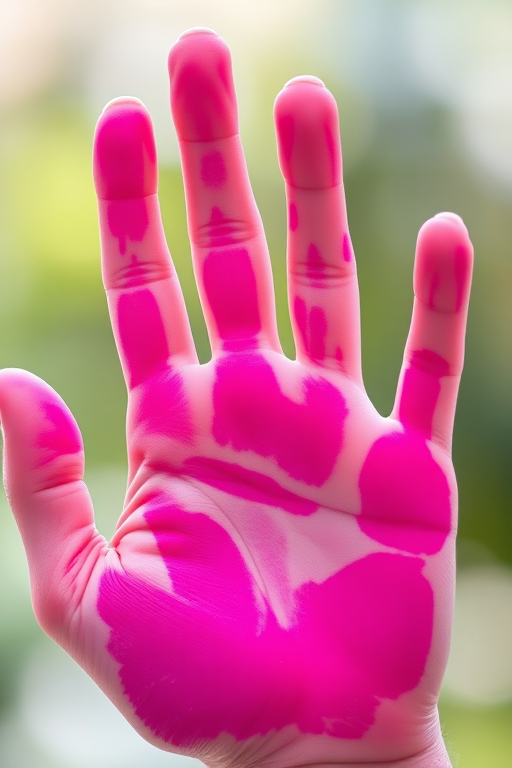 Create a vibrant pink handprint illustration with sharp edges and high contrast, using a macro lens, ISO 100, aperture f/2.8, shutter speed 1/60s, natural light, and a soft-focus background to enhance details.
