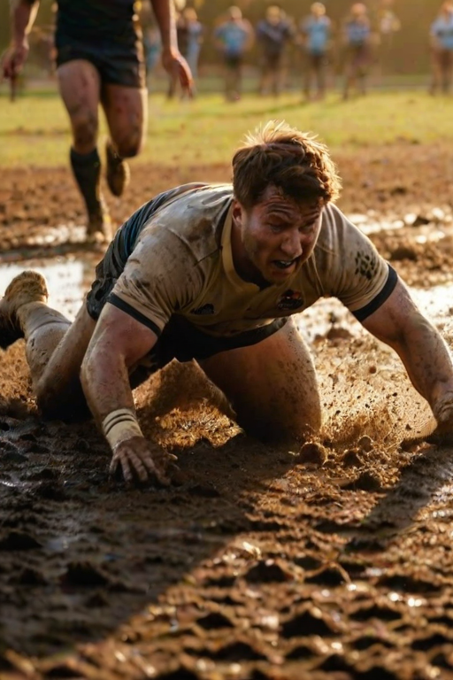 Blurry action shot of a rugby player diving across the try line in a muddy field, soft golden light from the setting sun casting long shadows on the ground, with distant teammates cheering in the background.