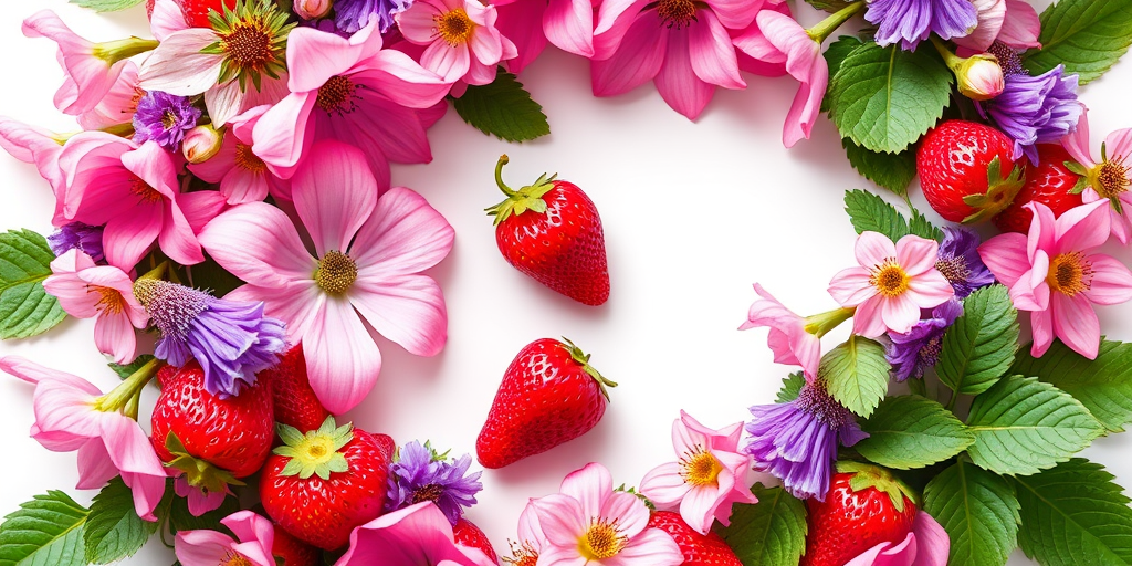 Create a high-resolution illustration of a floral wreath featuring pink and purple flowers, strawberries, and leaves, using a macro lens at f/2.8 for a shallow depth of field, with a soft natural light setting, captured from a bird's-eye view using a digital SLR camera.