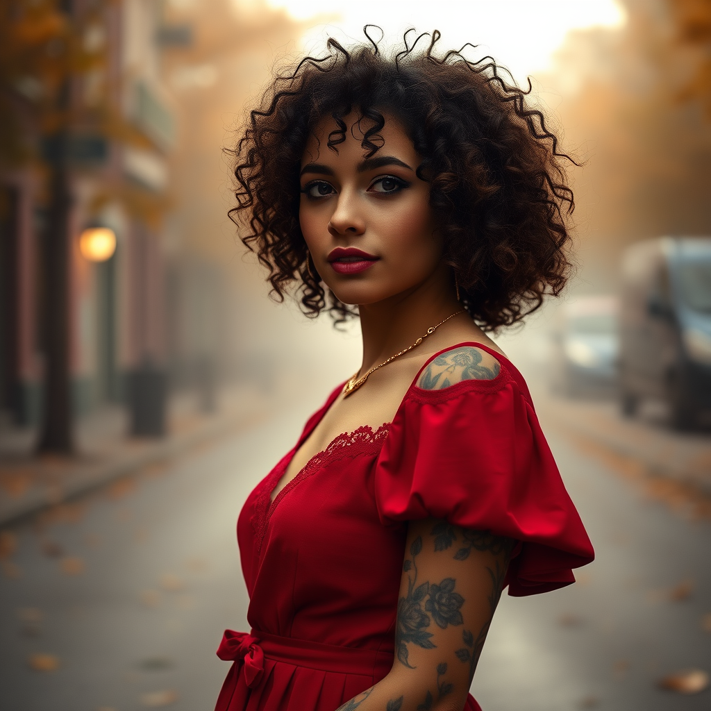 portrait of a woman with curly hair wearing a red dress with lace details and floral tattoos, standing on a misty street with autumn leaves, capturing warm ambient light, camera settings: f/2.8 aperture, ISO 100, shutter speed 1/200s, camera view: eye level, camera style: soft focus, camera type: DSLR